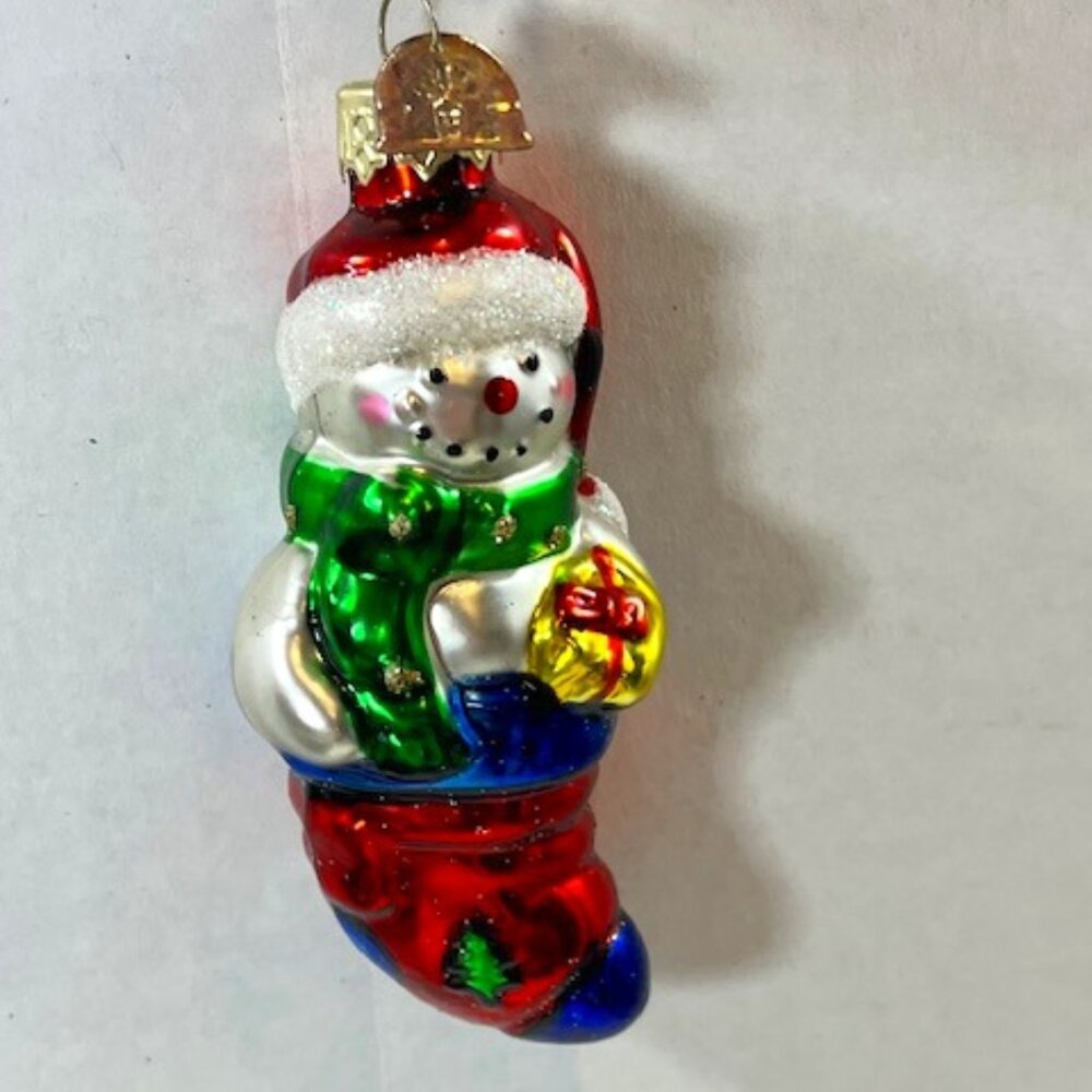 VTG Santa Snowman Hand Blown Glass Glitter Christmas Tree Ornament 1.5"x3.5"